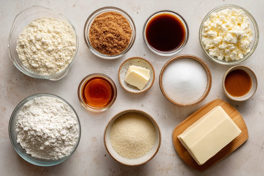 overhead ingredients for salted caramel cheesecake cookies in glass bowls
