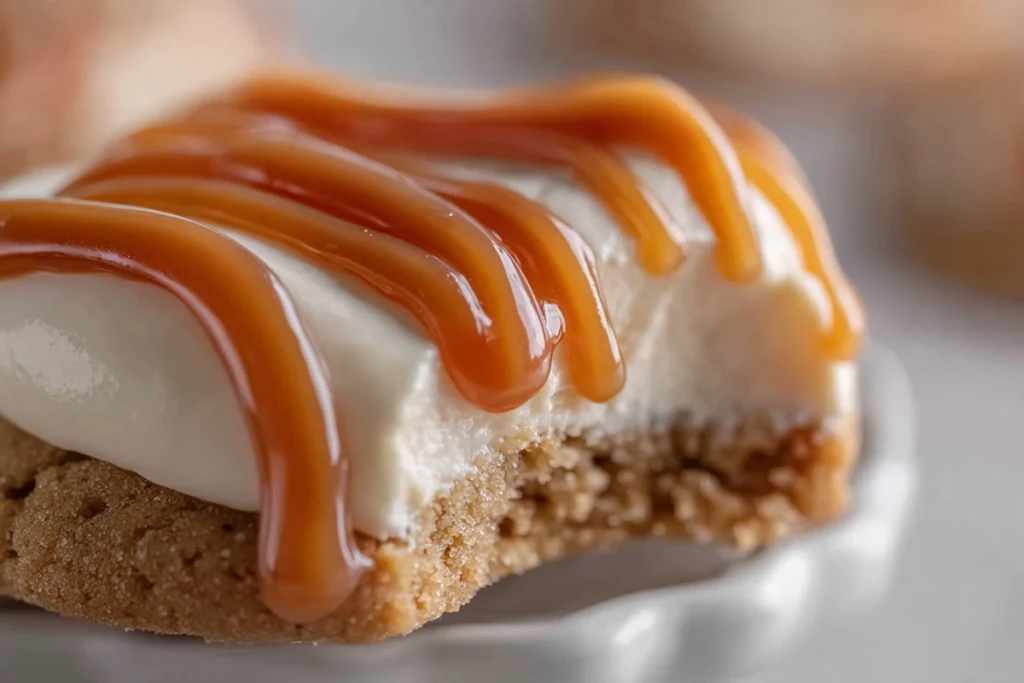 macro close-up of salted caramel drizzle on cheesecake cookie