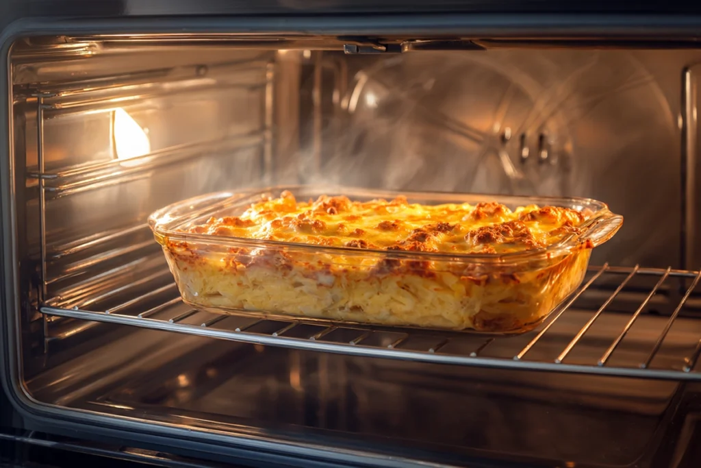 sausage hash brown casserole baking in oven with golden cheese top