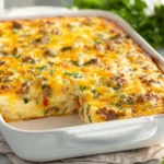 freshly baked sausage hash brown casserole in white ceramic dish with golden melted cheese