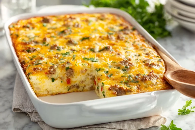 freshly baked sausage hash brown casserole in white ceramic dish with golden melted cheese