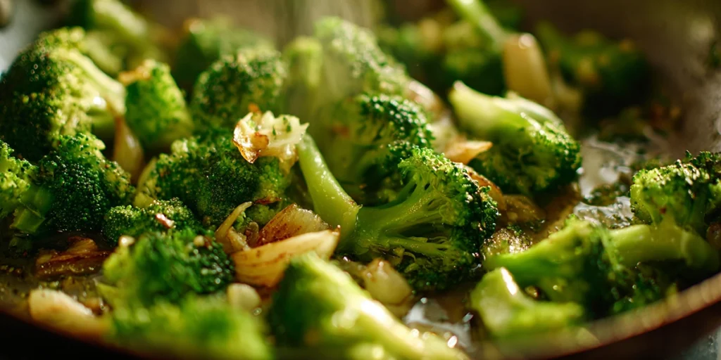 pasta and broccoli being mixed in a skillet for broccoli pasta