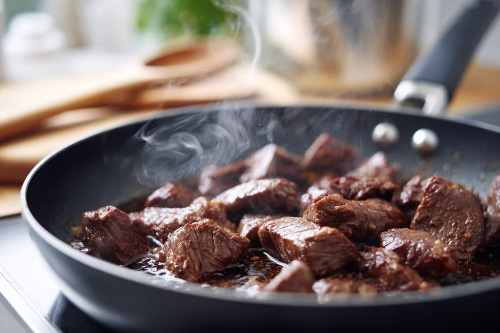 close-up of beef searing in skillet for beef and broccoli recipe with natural light