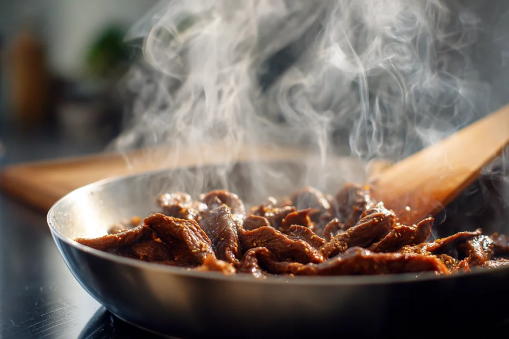 close-up of beef slices searing in skillet for beef and broccoli ramen stir fry with natural daylight