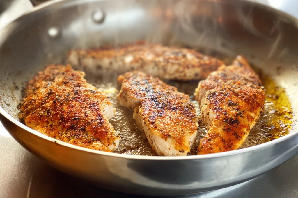 golden seared chicken cooking for garlic parmesan chicken pasta