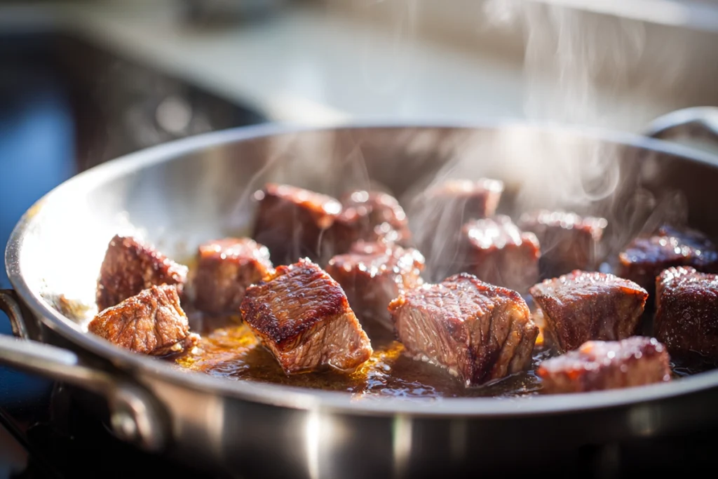 seared steak pieces browning for steak and potato soup