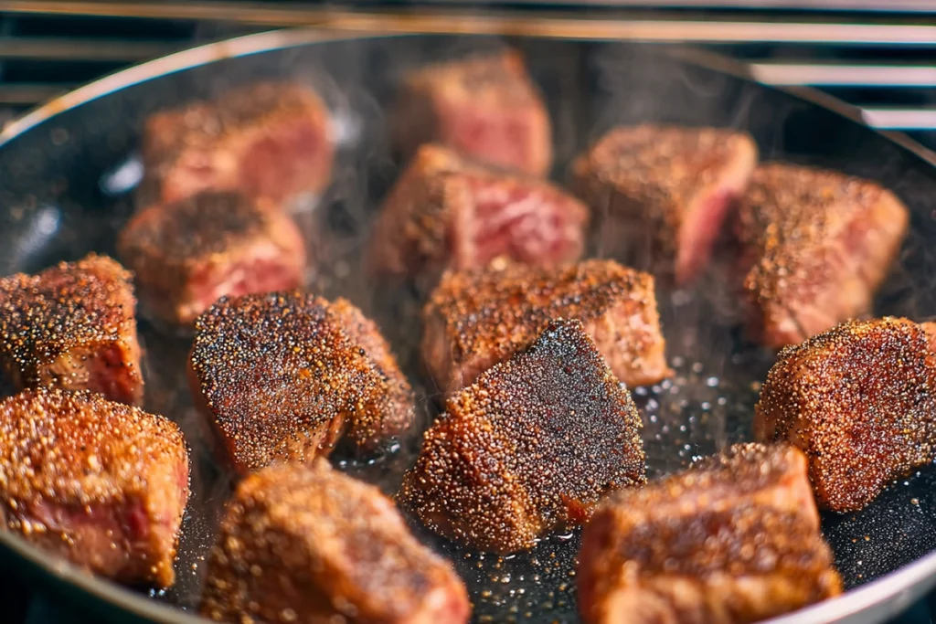 Searing Sweet and Sticky Steak Bites in a stainless-steel pan with caramelized edges