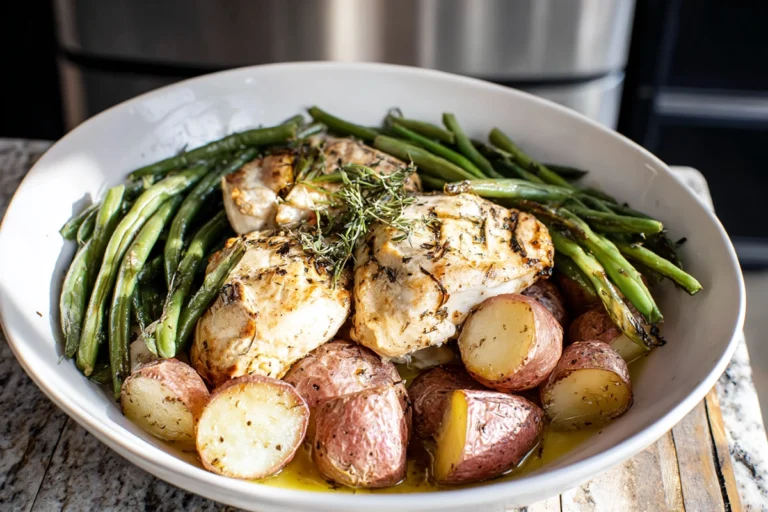 photorealistic plated Seasoned Chicken Potatoes and Green Beans on a modern kitchen counter
