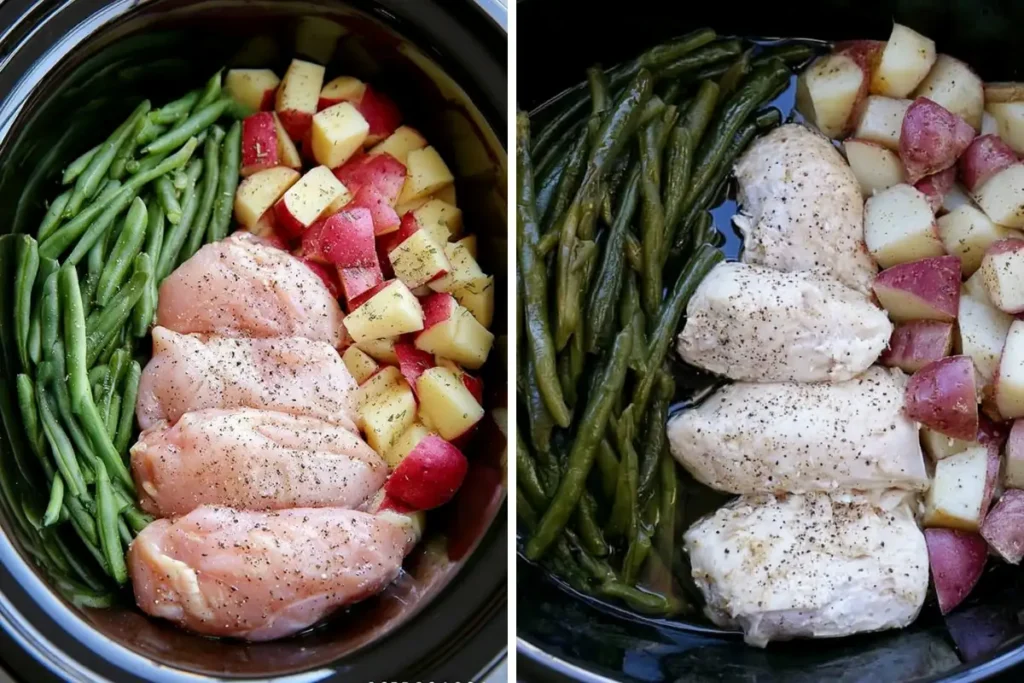 Seasoned Chicken Potatoes and Green Beans in the Slow Cooker 2 Seasoned chicken potatoes and green beans before and after slow cooking