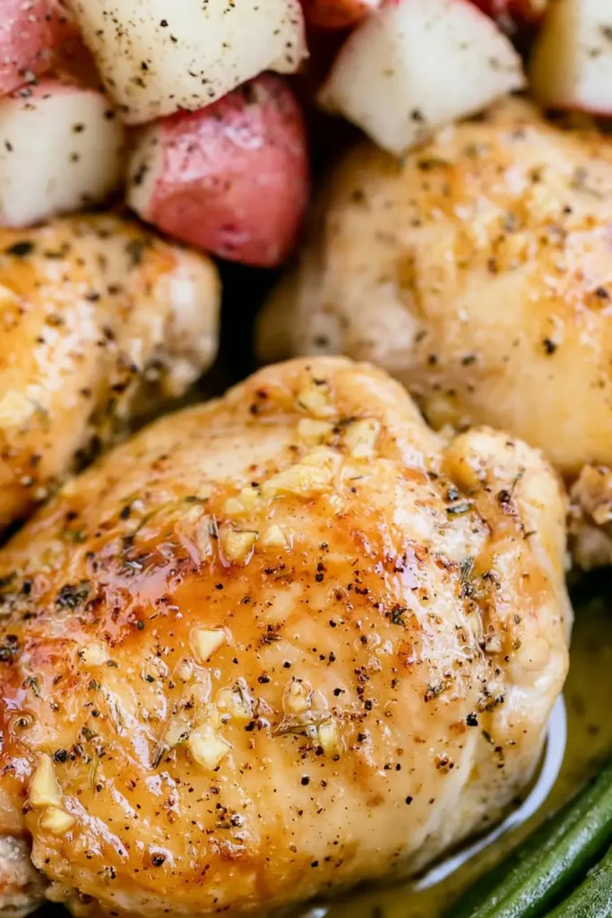 Seasoned Chicken Potatoes and Green Beans in the Slow Cooker 11 Close-up of seasoned chicken potatoes and green beans after slow cooking