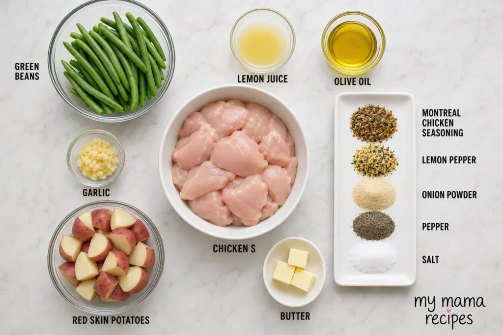 Seasoned Chicken Potatoes and Green Beans in the Slow Cooker 4 Ingredients for seasoned chicken potatoes and green beans arranged on a kitchen counter