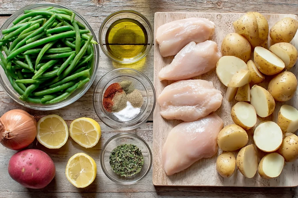 flatlay of ingredients for Seasoned Chicken Potatoes and Green Beans in a bright modern kitchen