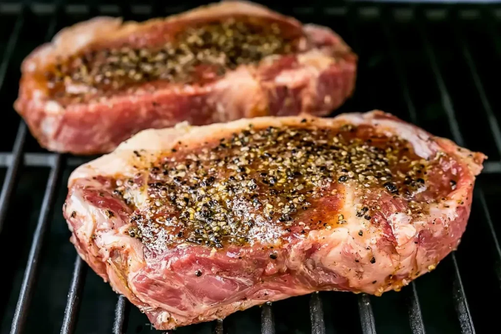 Seasoned rib eye steaks coated with olive oil and ready for grilling
