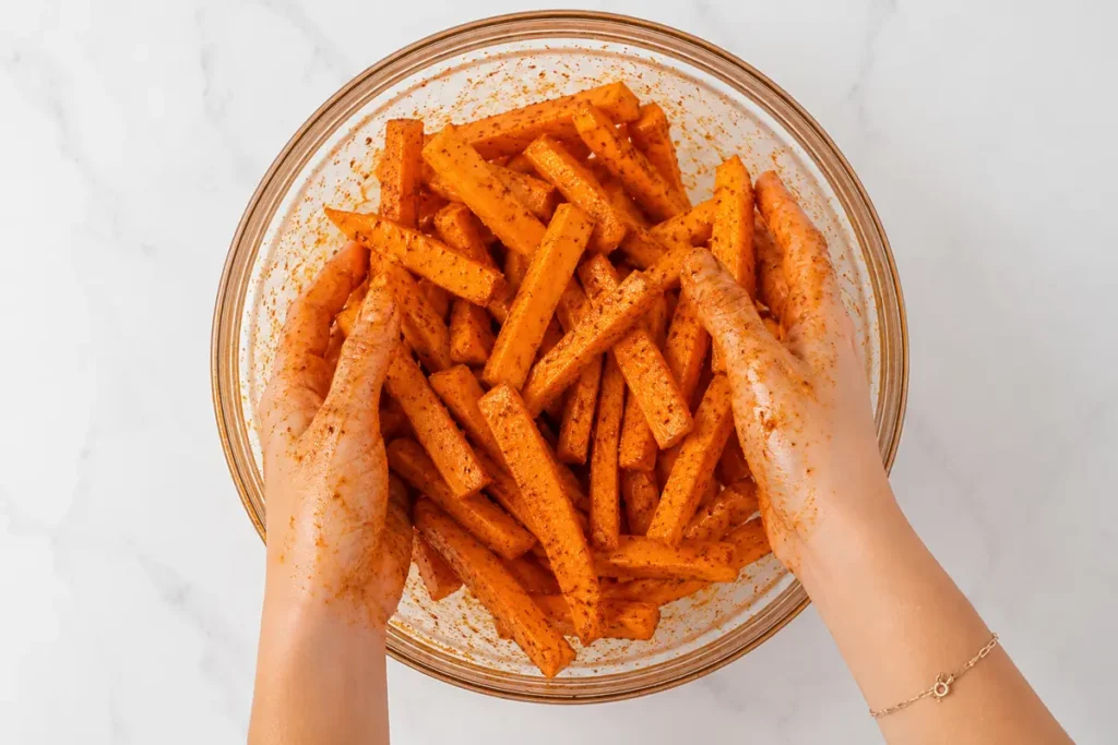 Seasoned sweet potato fries in a bowl for Oven Baked Sweet Potato Fries