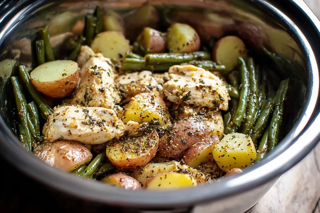 mixing bowl of seasoned chicken potatoes and green beans under natural kitchen light