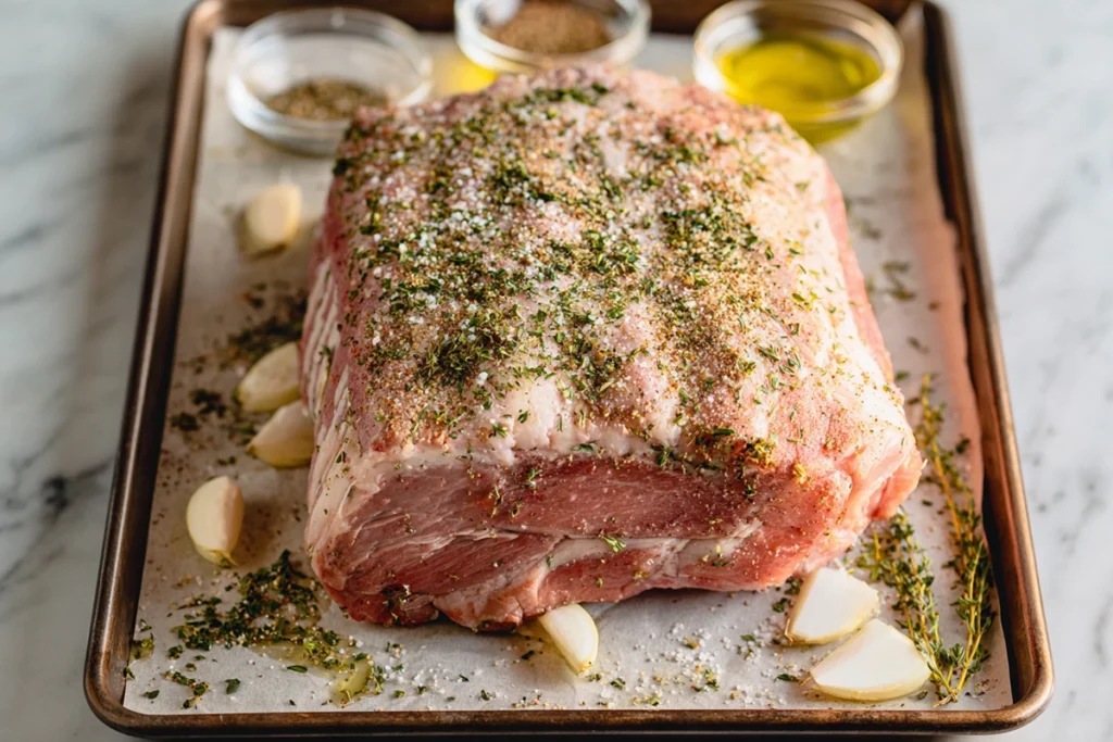 Close-up of seasoned prime rib roast with herbs and pepper ready for oven roasting