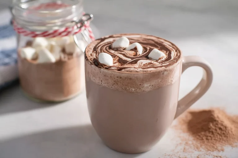 finished mug of semi-homemade hot chocolate mix styled on modern kitchen counter