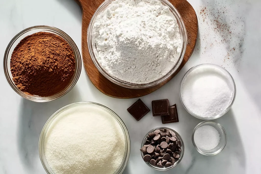 overhead shot of semi-homemade hot chocolate mix ingredients in glass bowls and wooden board