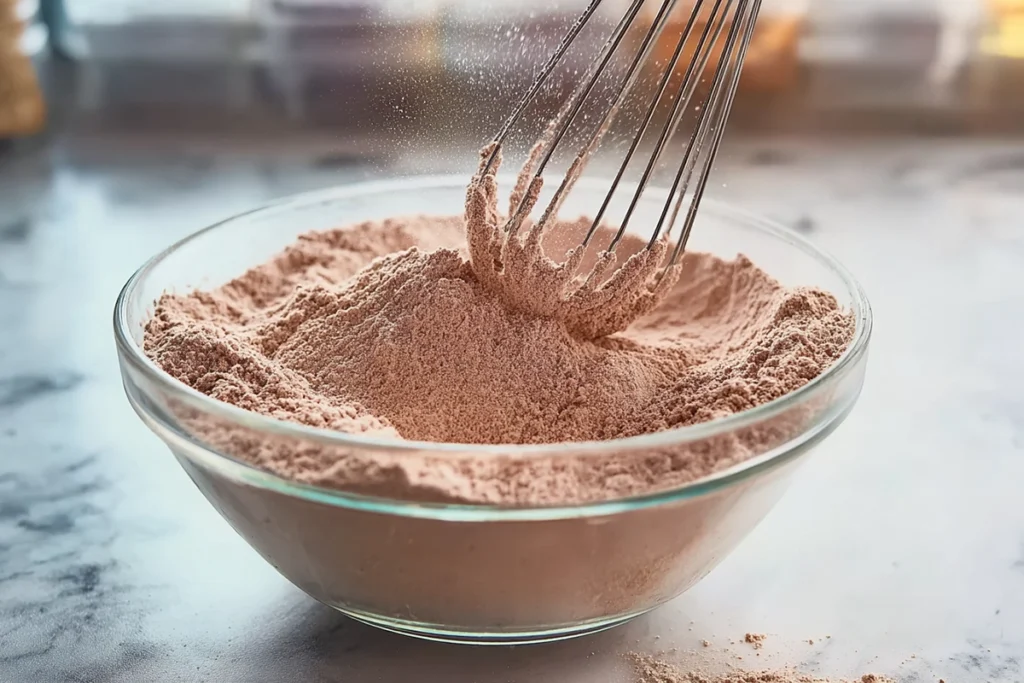 whisking semi-homemade hot chocolate mix ingredients in modern kitchen