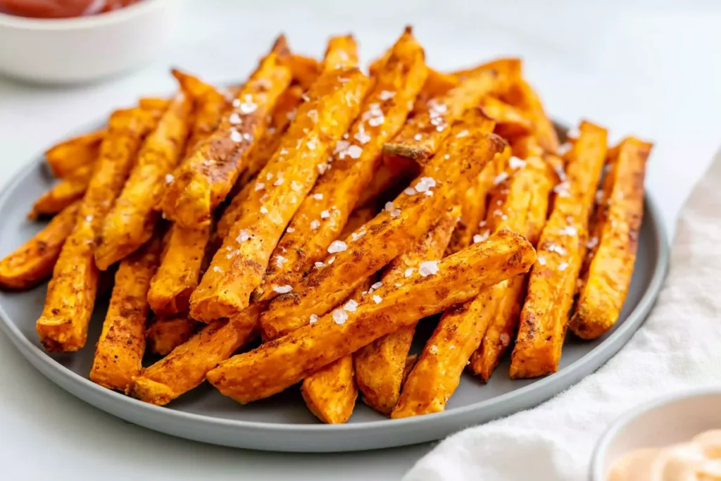 Oven Baked Sweet Potato Fries served with ketchup and creamy dipping sauce