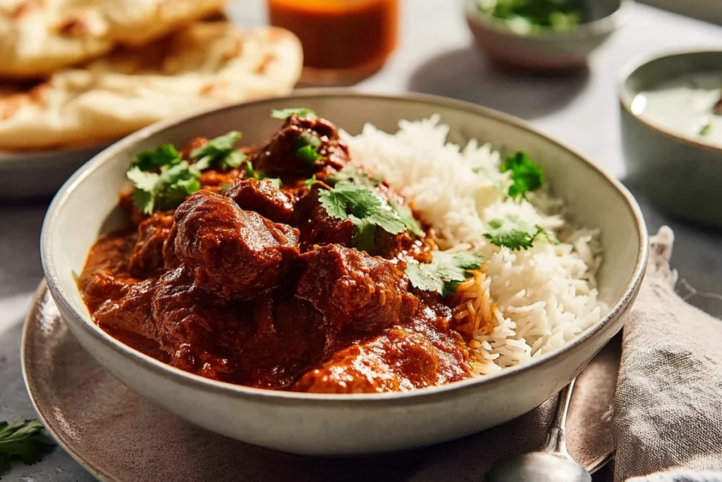 Beef vindaloo served with basmati rice and naan bread on a modern kitchen table