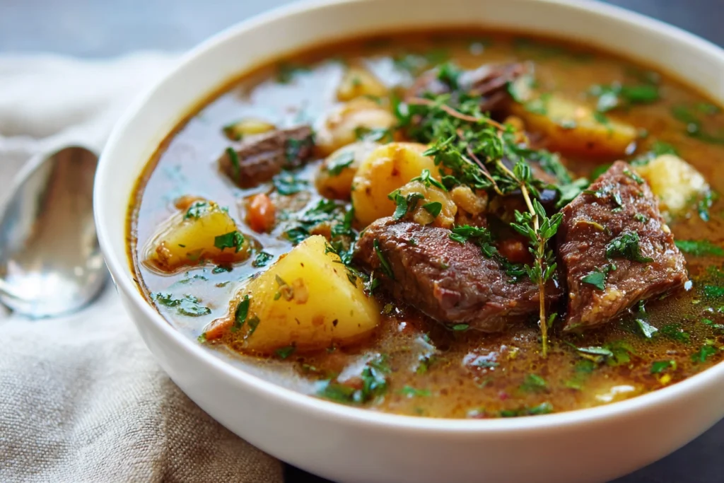 served bowl of steak and potato soup in modern kitchen