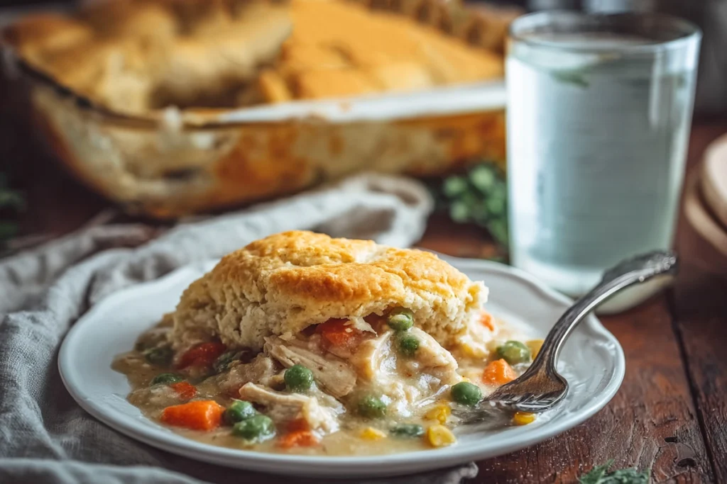 plated serving of creamy chicken cobbler with golden biscuit crust