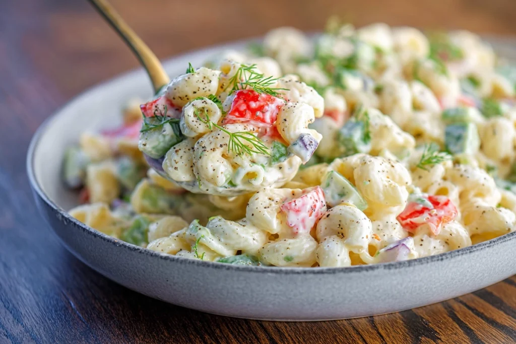 Serving creamy pasta salad into a small white bowl in bright modern kitchen