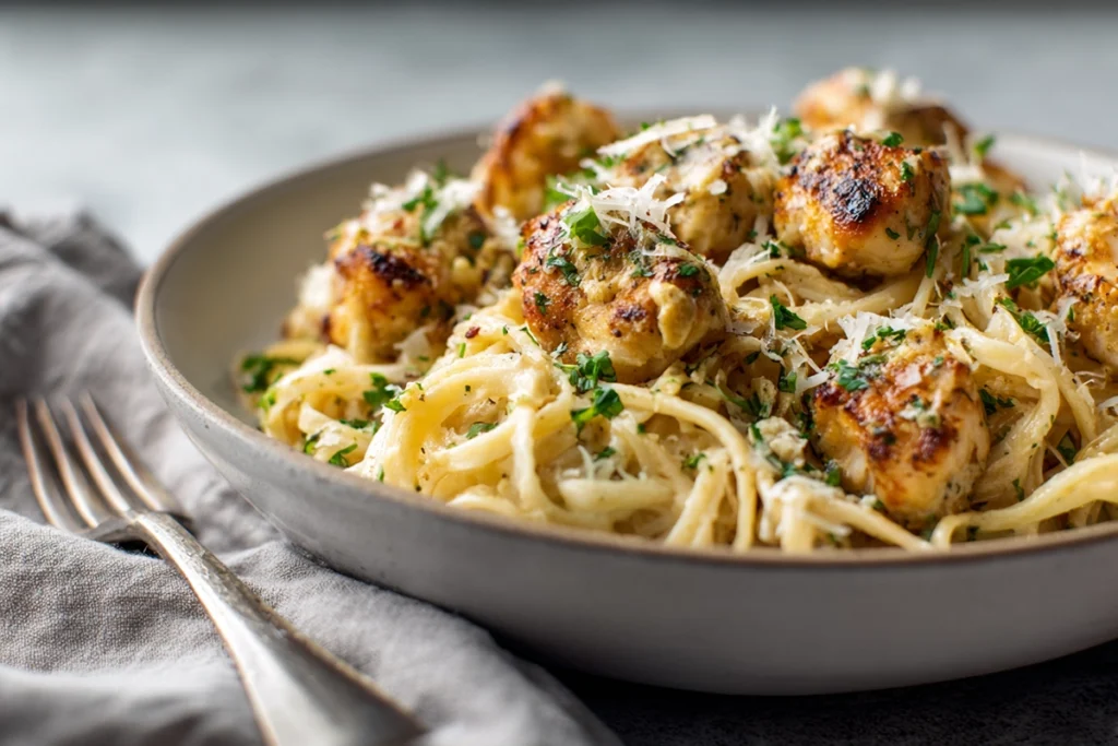 Bowl of garlic butter chicken bites parmesan pasta ready to serve