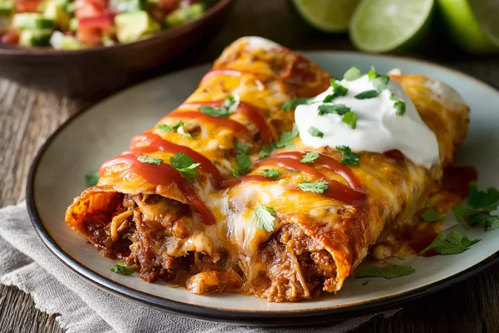 Plated Ground Beef Enchiladas served with garnish, sauce, and sour cream in a modern kitchen setting