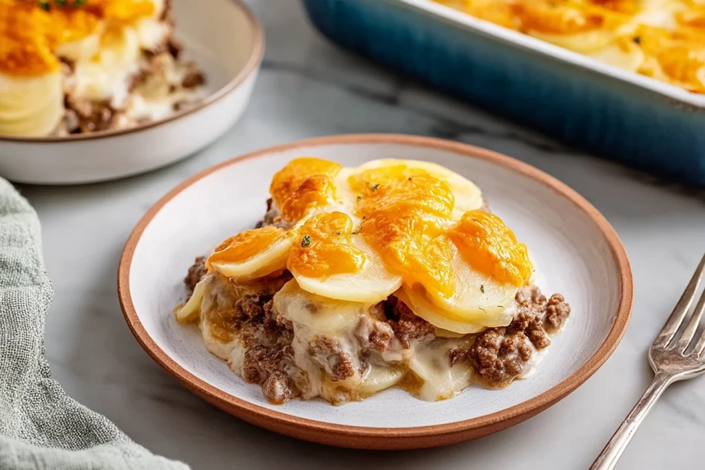 plated serving of hamburger potato casserole showing creamy layers of potatoes, beef, and melted cheese