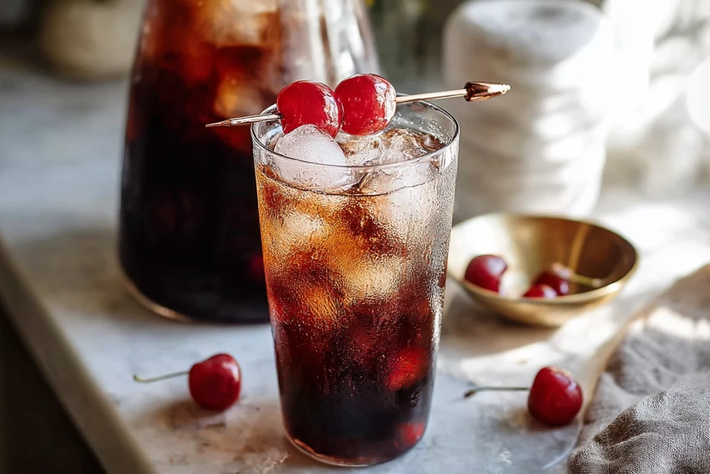 Serving glasses of Homemade Dr. Pepper with ice and citrus in a modern kitchen