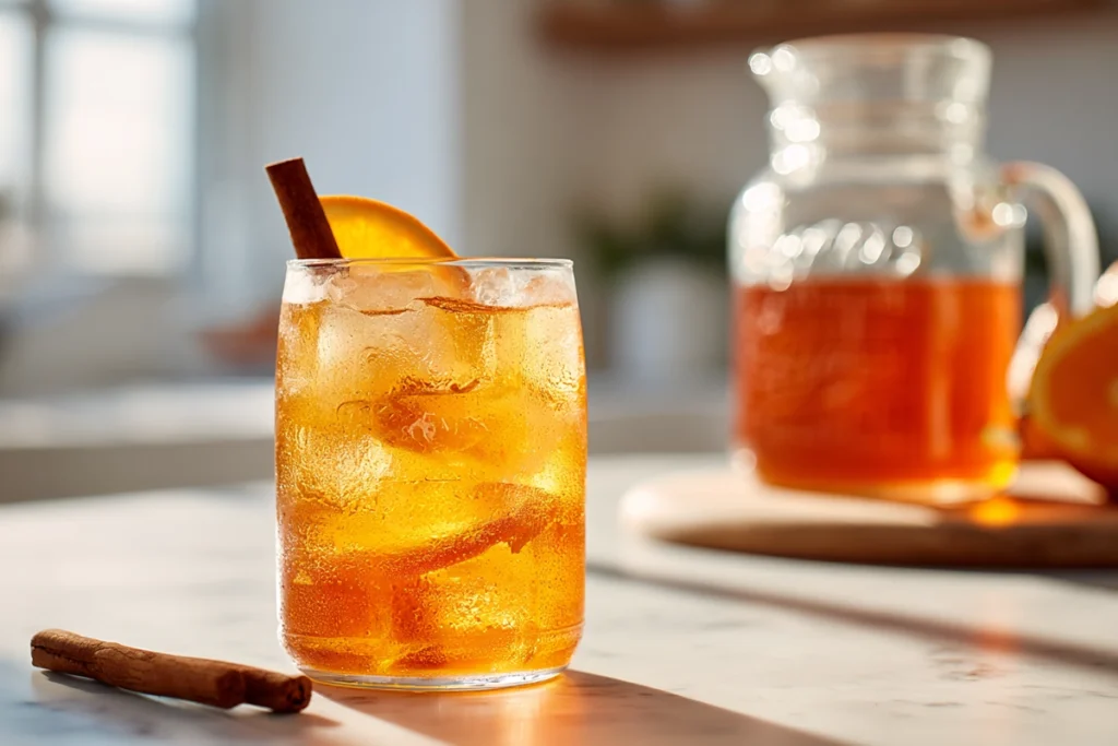 Chilled serving of Orange Cinnamon Iced Tea with garnish and storage pitcher