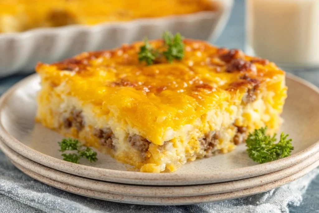 close-up of plated sausage hash brown casserole slice with melted cheese and herbs