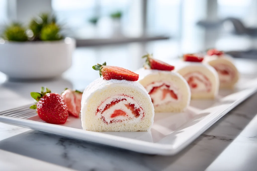 platter of strawberry shortcake sushi roll slices arranged for serving