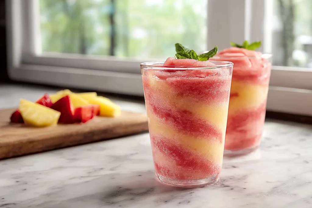 served Pineapple Strawberry Swirled Slushies with fruit garnishes on modern kitchen counter