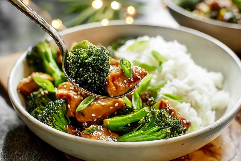 serving bowl of teriyaki chicken broccoli ready to eat