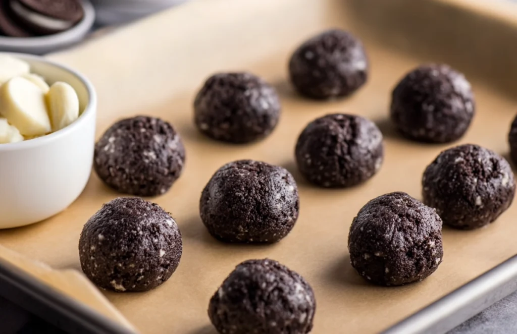 close-up macro of ghost oreo ball truffle dough shaped on parchment