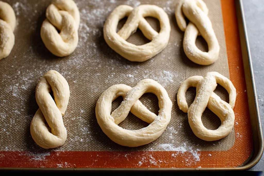 shaping dough ropes into classic pretzel twists on floured counter