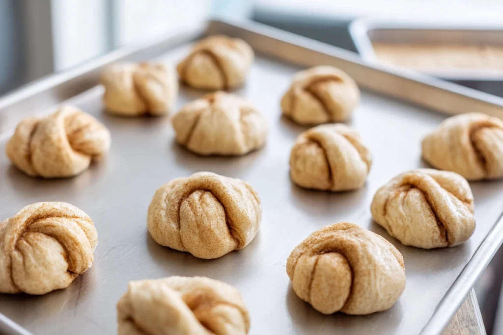Shaped dough rolls for yeast risen dessert resting on baking sheet