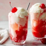 photorealistic Shirley Temple Ice Cream Float on modern kitchen counter