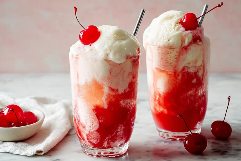 photorealistic Shirley Temple Ice Cream Float on modern kitchen counter