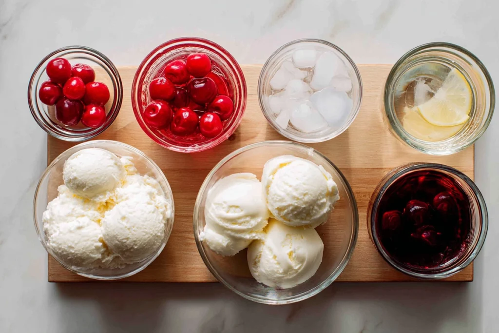 overhead ingredients for Shirley Temple Ice Cream Float arranged in glass bowls