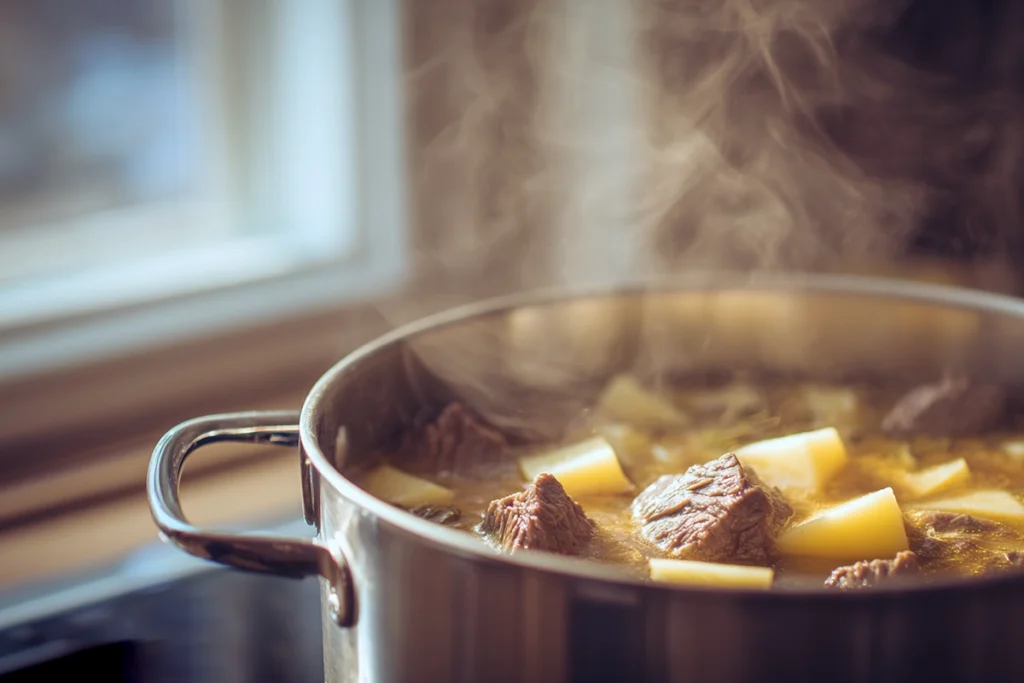simmering pot of steak and potato soup on a modern counter