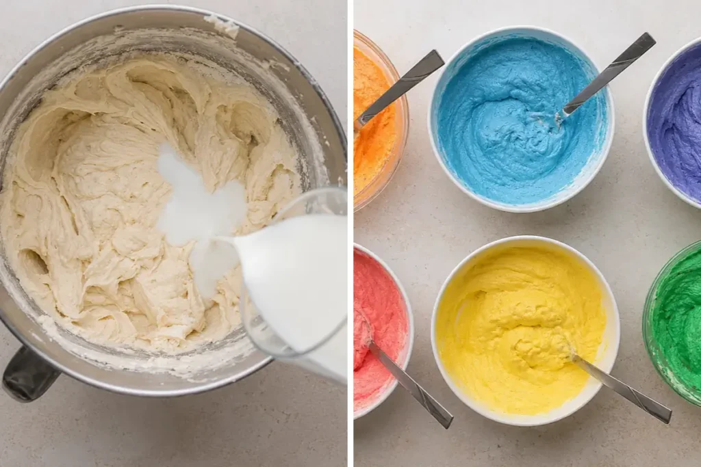 Colorful Layer Cake with Six Bright Celebration Layers 4 Six bowls of gel-colored batter for colorful layer cake