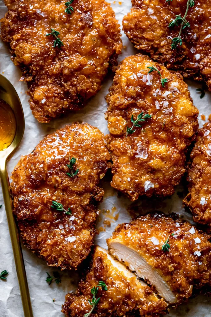 Baked Crunchy Hot Honey Chicken with a Cornflake Crust 6 Sliced Baked Crunchy Hot Honey Chicken showing its crisp crust and juicy center