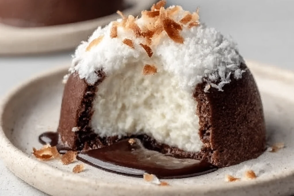 Cut-open Coconut Dome showing creamy coconut interior