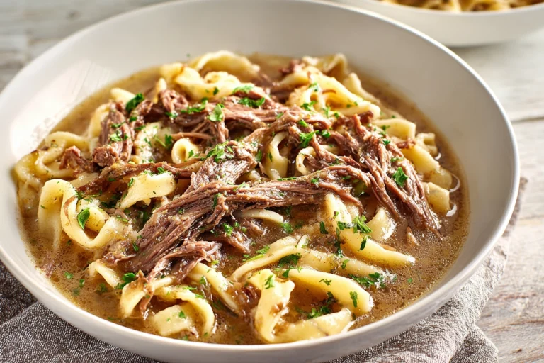 photorealistic bowl of slow cooker beef and noodles in a modern kitchen