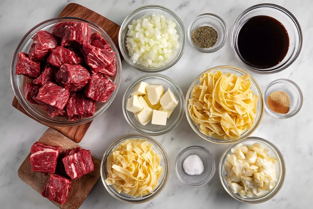 overhead shot of ingredients for slow cooker beef and noodles arranged neatly