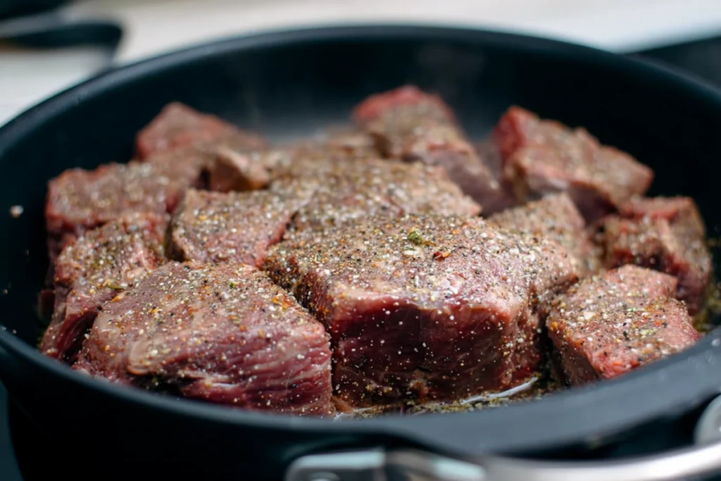 seasoned chuck roast pieces prepared for slow cooker beef and noodles